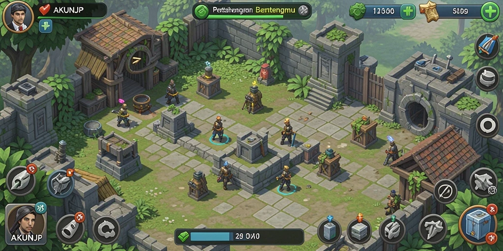 Tampilan gameplay AKUNJP dengan menara yang siap melawan serangan musuh.
