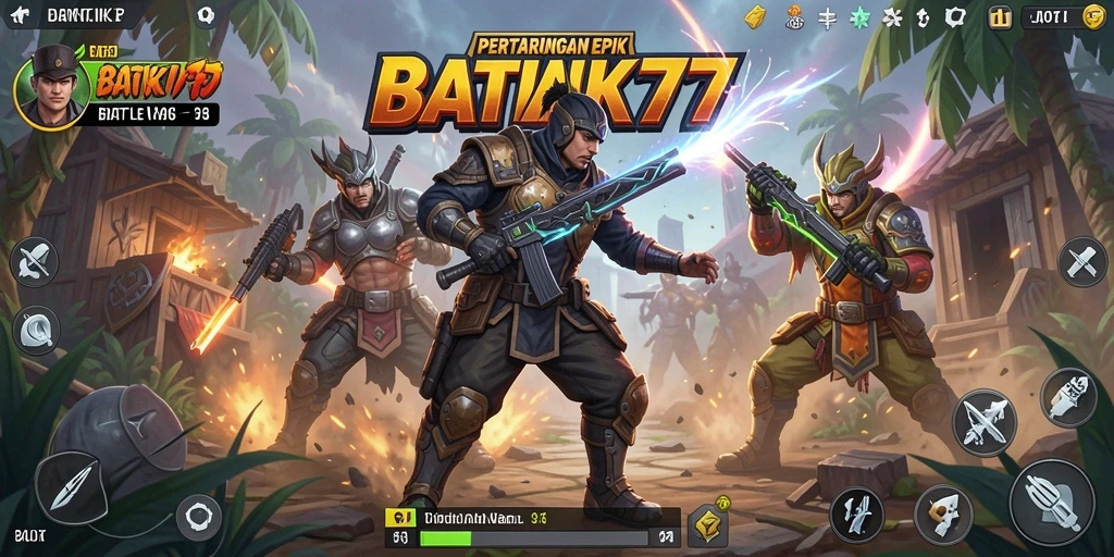 Screenshot utama BATIK77 menunjukkan aksi seru di arena Battle Royale.