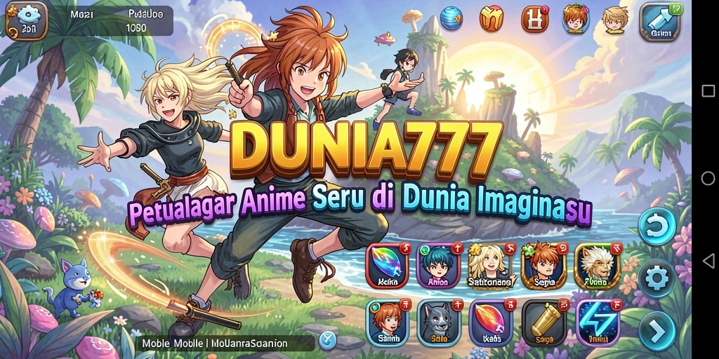 Screenshot utama DUNIA777 menampilkan pertempuran seru dengan karakter anime.