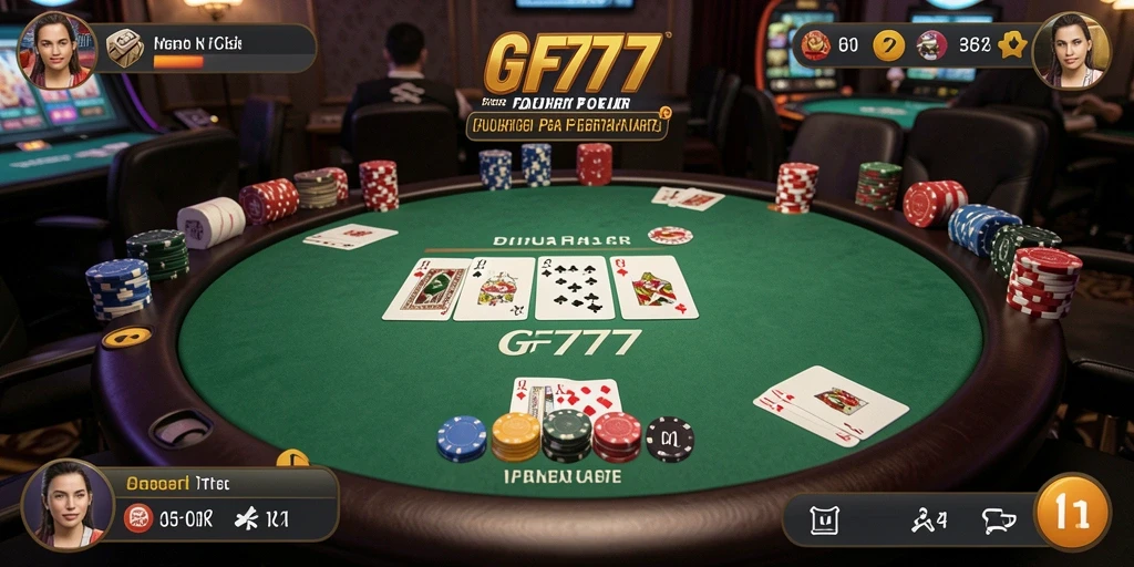 Screenshot gameplay GF777 yang menampilkan aksi seru permainan poker.