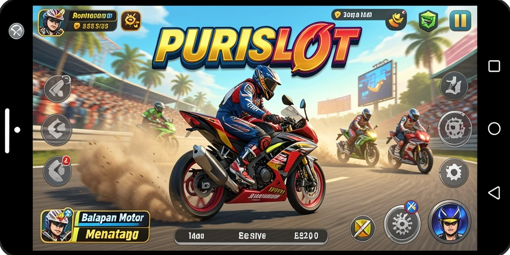 Screenshot gameplay PURISLOT menampilkan momen balapan motor yang seru.