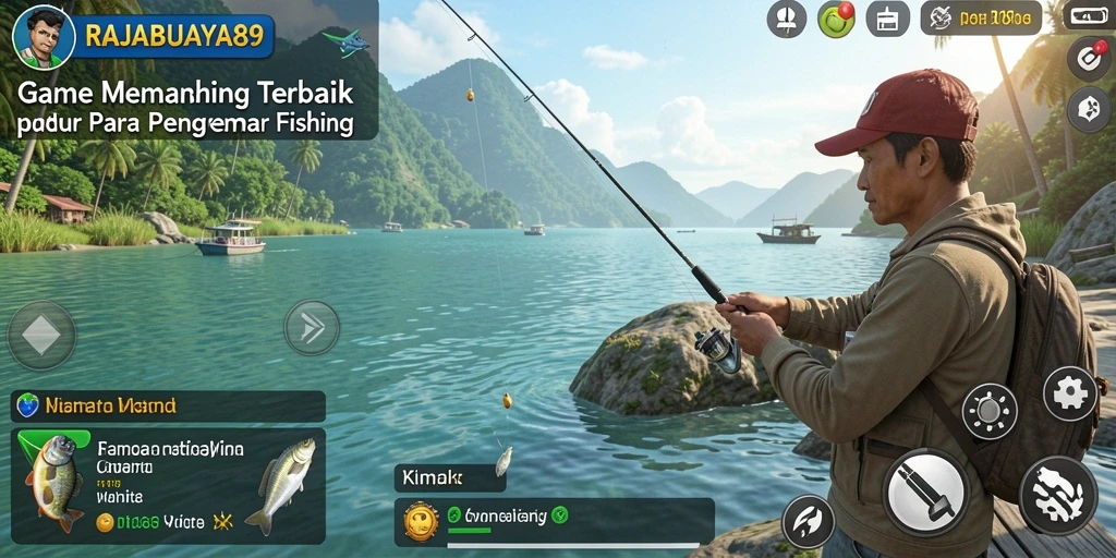 Tampilan potret gameplay menampilkan aksi memancing yang seru.