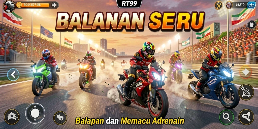 Tangkapan layar RT99 menampilkan aksi balapan yang mendebarkan.