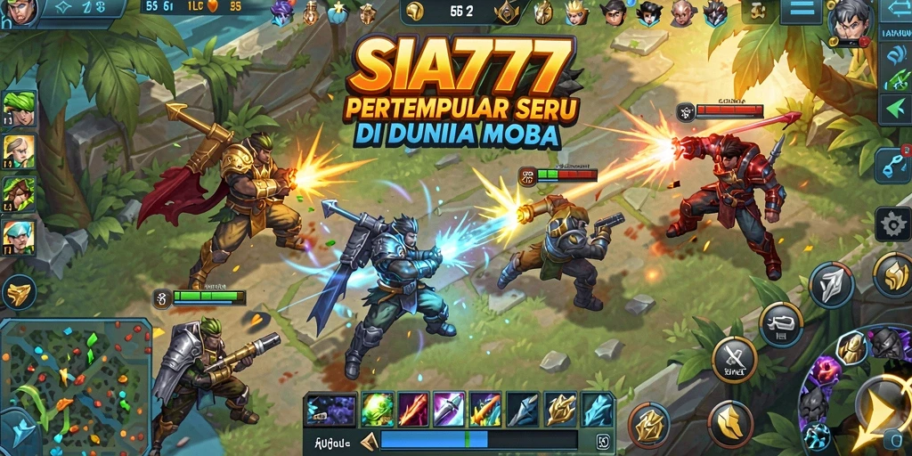 Screenshot utama SIA777 menampilkan aksi pertempuran seru antara para karakter MOBA.